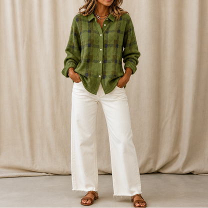 Verawool – Plaid Knit Shirt-Collar Cardigan